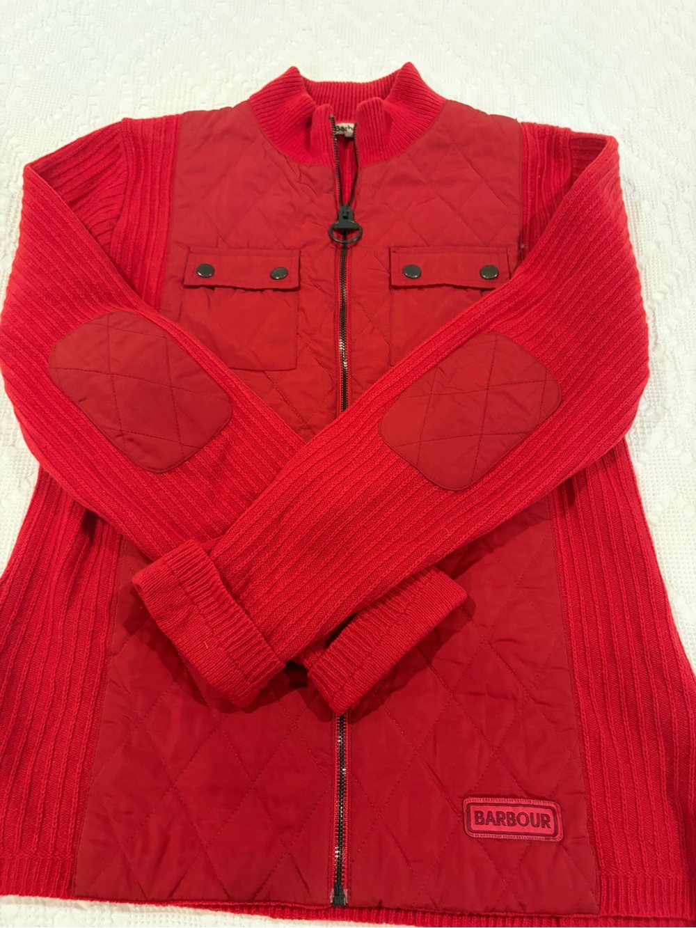 Barbour Red Quilted Front Zip Jacket with Ribbed Sleeves